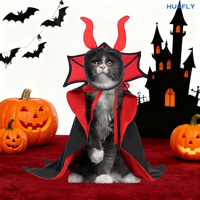 Huafly Cat Costume,Dog Halloween Costumes, Adjustable Vampire Costume with Devil Horns, Comfortable Halloween Costumes for Dogs Cats