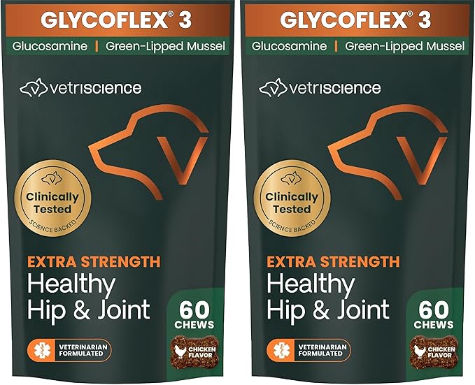 VetriScience Extra Strength Healthy Hip & Joint Chews, GlycoFlex Glucosamine and Green-Lipped Mussel Joint Support Supplement for Dogs, Chicken, 60 Count (Pack of 2)