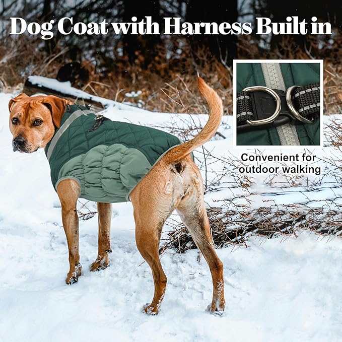 Lelepet Warm Dog Winter Coat Dog Coats for Large Dogs Waterproof Dogs Jacket with Harness Built in Reflective Cold Weather Coats Windproof Zip-Up Winter Fleece Vest Snowsuit Boxer Teal Green XL