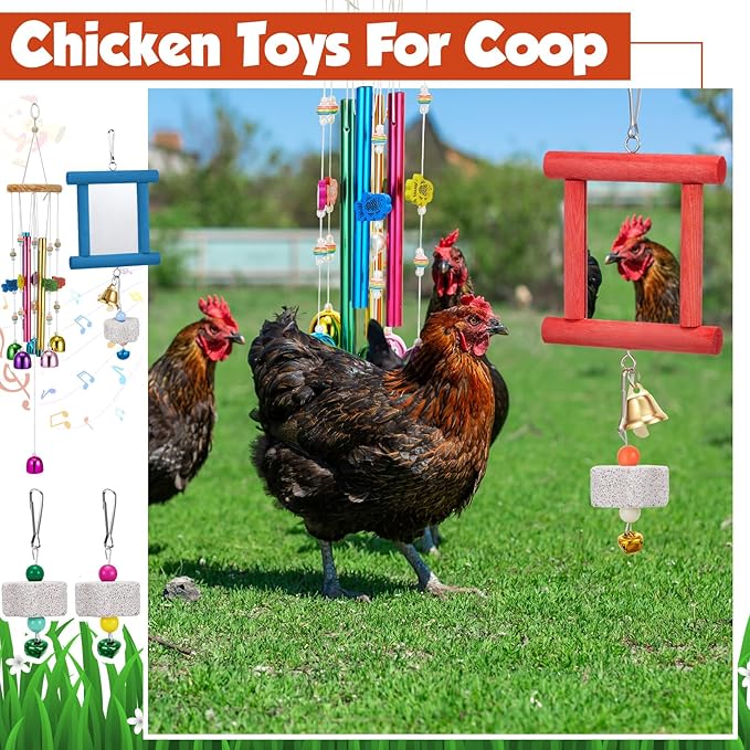 7 Pcs Chicken Toys, Hanging Chicken Wind Chime, 2 Pcs Coop Mirror Toys with Bells 4 Pack Beak Grinding Stones, Musical Coop Accessories for Hen Rooster Chick Poultry Bird(Rose Red, Blue)