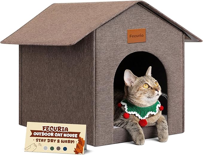 Outdoor Cat House Weatherproof, Insulated Cat Dog Houses for Outdoor/Indoor Cats for Winter, Waterproof Feral Stray Cat Shelter with Warm Cushion for All Seasons, Easy to Assemble, Brown