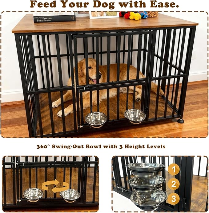 48" Dog Crate Furniture Foldable, Large Dog Kennel Furniture with Swing-Out Bowl & Dual Base Sets (Feet+Wheel), No Assembly Foldable Dog Crate Furniture, End Table for Large Dogs, Rustic Brown