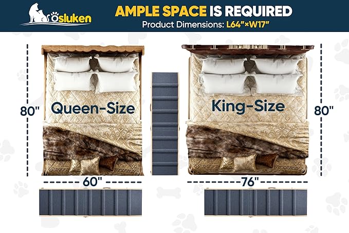 Dog Ramp for Bed with Rails, 64" Long Foldable Pet Ramp for Small Large Dogs, Dog Ramps for High Beds with Safety Side Railng, 6 Adjustable Heights 24" to 30" Up to 220LBS (Gray, 63" X 17inch)