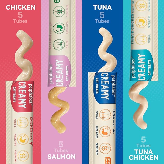 PETPHABET Lickable Cat Treats Squeeze, Creamy Puree Squeezable Wet Kitten Treats, 4 Flavors Variety Pack 20 Tubes, Paste Snacks for Skin & Coat Health, Digestive Care, High Protein, Grain Free