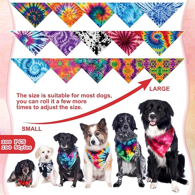 200 Pcs Tie Dye Dog Bandanas Bulk Pet Bibs Colorful Triangle Scarf Tie Dye Pet Bandanas for Medium Large Dogs Spring Summer Birthday Costume Decoration