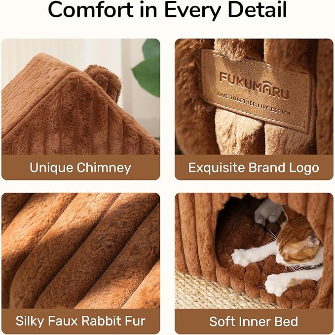 FUKUMARU Cat Houses for Indoor Cats, Washable Cute Cat Bed Cave with Removable Pillow, Large Semi-Enclosed Cozy Dog House Indoor, Soft Faux Rabbit Fur Kitten Bed, 17.5-Inch Durable Cat Hideaway, Brown