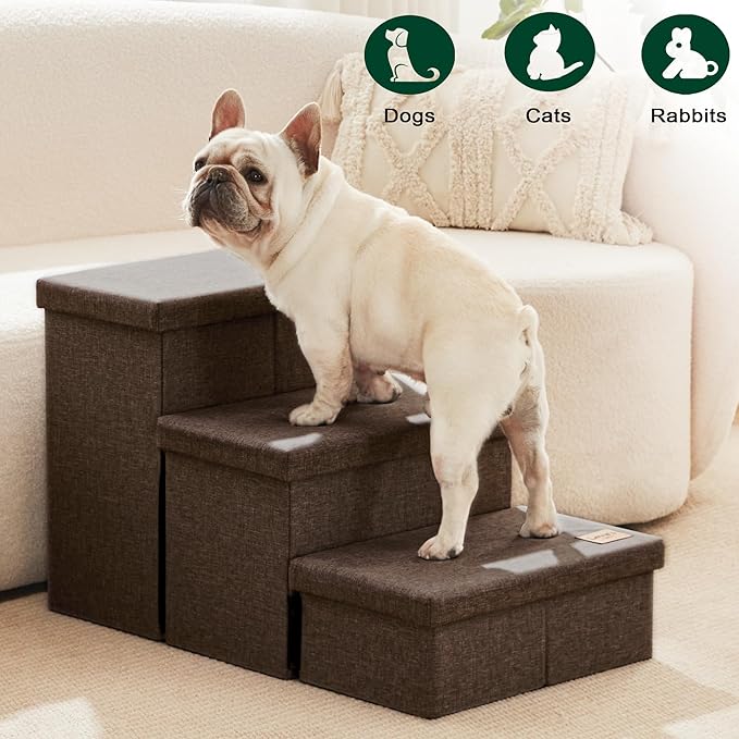 Love's cabin Dog Stairs for High Bed 18" H, Foldable Pet Stairs for Small Medium or Large Dogs Puppy with Storage for Bed or Couch, Cat Dog Steps Ramp with Zip up to 200 lbs, Coffee, 3 Steps