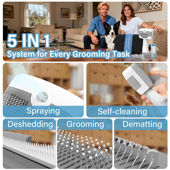 Pet Steam Brush for Dogs & Cats,5-in-1 Self-Cleaning Dog Steam Brush with 3 Swap-in Heads (Grooming, Dematting, Deshedding),Cat Spray Hair Removal Comb,Includes Pet Essence & Storage Bag