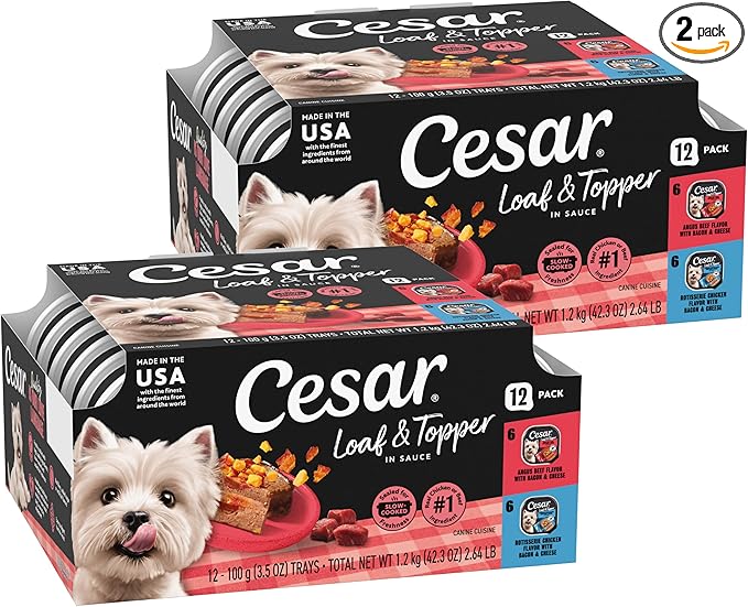 Cesar Loaf & Topper in Sauce Wet Dog Food Bacon Feast Variety Pack, Rotisserie Chicken with Bacon & Cheese and Angus Beef with Bacon & Cheese, 3.5 oz, Easy Peel Trays, 12 Count (Pack of 2)
