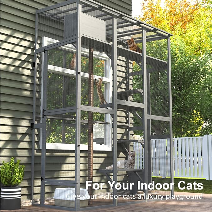 Cat Catio, Large Catio Outdoor Cat Enclosure, Window Enclosure with Waterproof Roof, Multi-Level Platforms, Cozy Sleeping Box & Fun Bridges, Spacious Outdoor Cage for Multiple Indoor Cats,100"