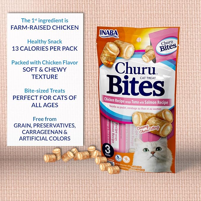 Inaba Churu Bites for Cats, Grain-Free, Soft/Chewy Baked Chicken Wrapped Churu Filled Cat Treats with Vitamin E, 1.05 (Pack of 8)
