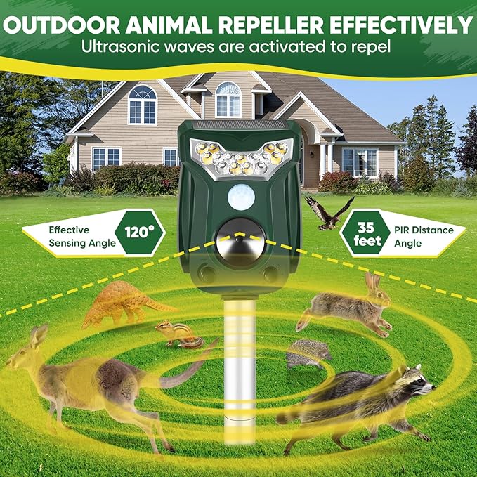 2 Pack Cat Repellent Outdoor Solar Ultrasonic Animal Repeller- Motion Activated Pest Deterrent Device for Cats, Dogs, Raccoons, Deer, Skunks,Rodents, Waterproof Scare Away Raccoon Deterrent Stakes