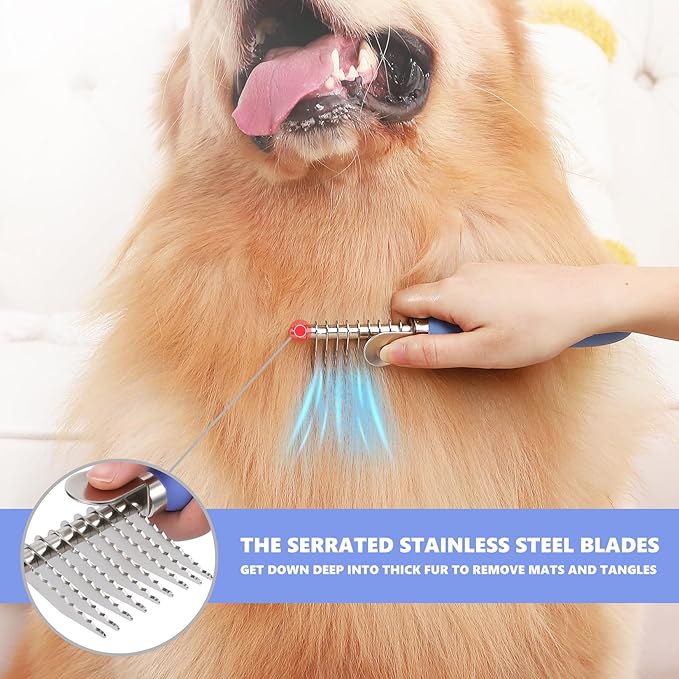 Dematting Comb for Doodles & Poodles, Dual-Sided Comb Tool for Long Curly Haired Dogs, Grooming Brush Kit for Removing Mats and Tangles, Stainless Steel, Beech Wood