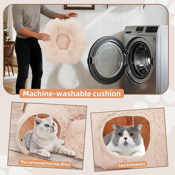 Cat Tunnels for Indoor Cats, Cute Donut Turnel Toys for Small Large Cats with Washable Circle Cushion，3-in-1 Foldable Playground & Cozy Cave Bed for, Kittens Puppy Rabbits