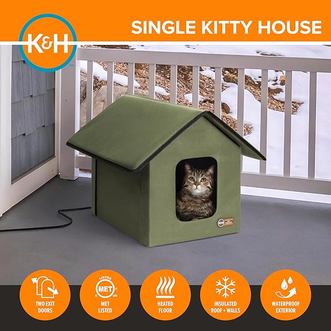 K&H Pet Products Heated Outdoor Cat House for Outside Pets in Winter, Weatherproof Outdoor House for Ferals, Insulated Kitty Shelter, 2 Doors, Waterproof Heated Cat Bed, Safety Listed - Olive/Olive