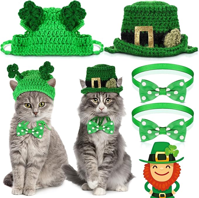MTLEE 4 Pcs St Patrick's Day Pet Costume Accessories, 2 Pcs Shamrock Headband for Cat and 2 Pack Green Cat Neck Bow St. Patty's Day Top Hat with Ear Holes and Chin Straps Adjustable for Pets