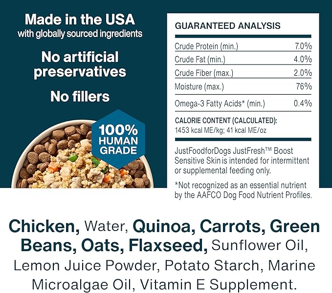 JustFoodForDogs JustFresh Boosts Sensitive Skin Dog Food Topper with Vitamin C, Vitamin E, Algae Oil, Omega-3 Fatty Acids, 8 oz Pouches - 8 Pack