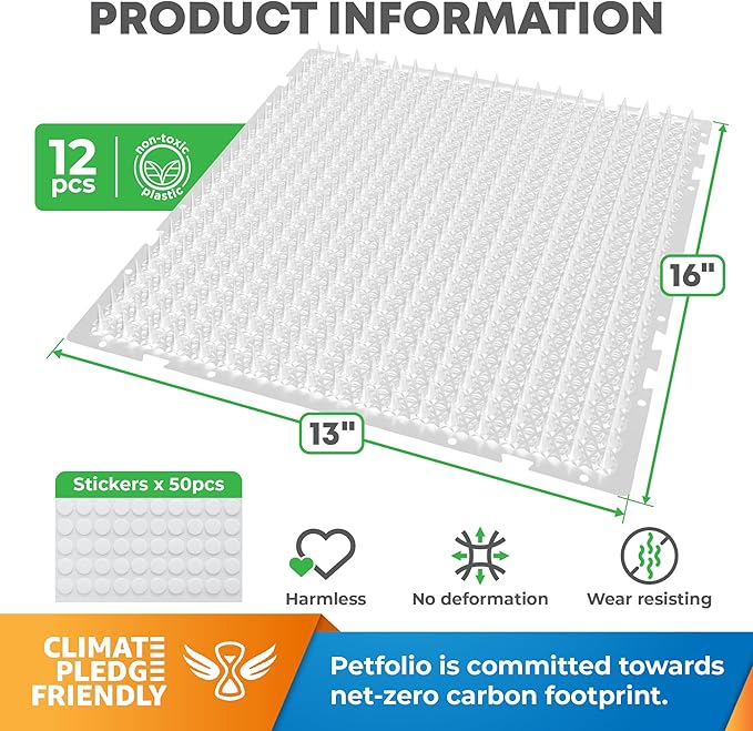 Petfolio 12 Pack Scat Mat for Cats - 16 x 13 Inch Cat Spike Mat with 1 Inch Spike is A Perfect Pet Training Mat Device for Cat Repellent Indoor & Outdoor to Deter Cats & Other Animals for All Seasons