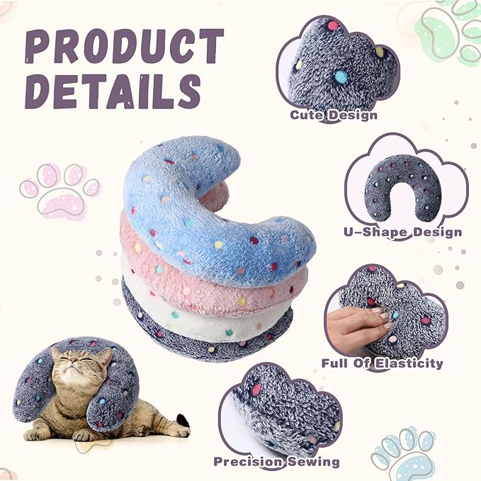 Sweetude 4 Pcs Pillows for Cats Puppy Bed Fluffy Pet Calming Soft Gifts Half Donut U Shaped Pet Neck Pillow Training Joint Relief Cervical Protection(Polka Dot,Medium)