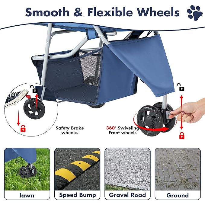 DUMOS 3 Wheels Pet Stroller for Small Dogs and Cats – Foldable Dog Stroller with Mesh Windows, Storage Basket & Cup Holder, Lightweight & Durable Pet Carrier for Travel, Outdoor Use – Blue