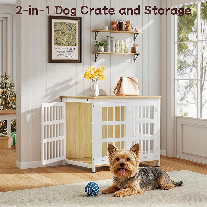 26'' Dog Crate Furniture Large Breed Dog Crate Dog Kennels for Inside Wooden Dog Crates End Table Heavy Duty Indoor Combination Cage for Medium to Large Dogs Oak