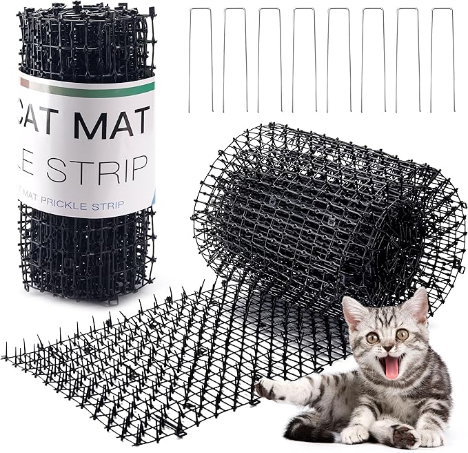 Hmyomina 16.4FT Scat Mat for Cats with 8 Garden Staples, Cat Scat Mat with Spikes Outdoor Plant & Furniture Protector(2PCS, 8.2FT Each)