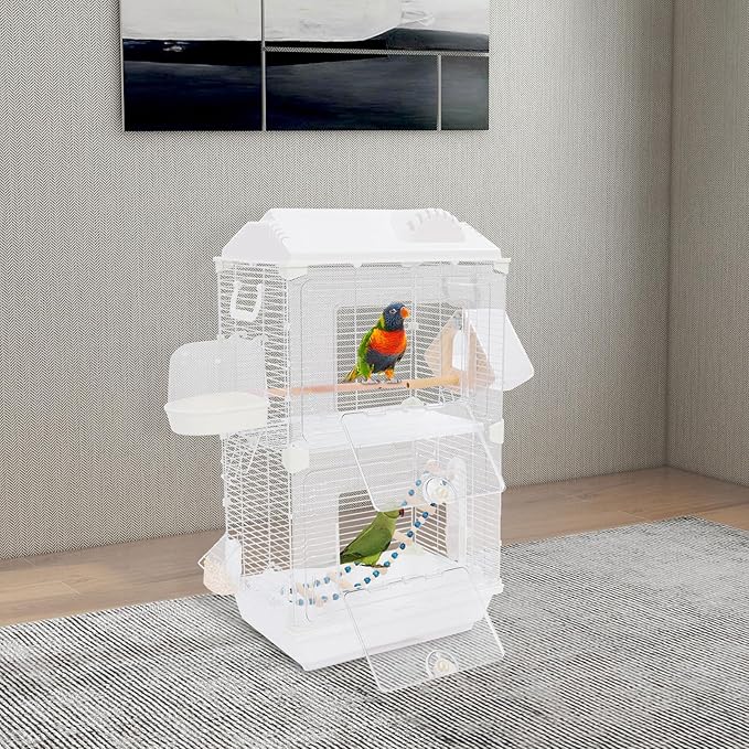 Two-Tier Bird Cage with Double-Door Design, 27.95in Roof Top Bird Cage, Parakeets Flight Parrot Cage, Medium Small Bird Cages for Their Beloved Birds, 15.74 * 11.02 * 27.95in