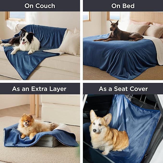 Bedsure Cat Blanket for Indoor Cats - Waterproof Calming Cat Blankets for Couch Protection, Sherpa Fleece Pet Blanket, Soft Plush Reversible Throw Furniture Protector, 50"x40", Blue