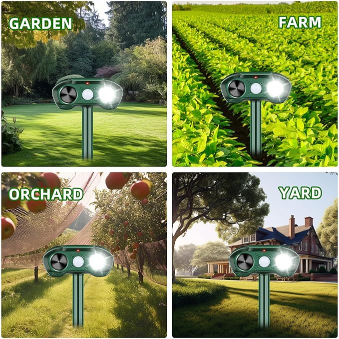Ultrasonic Animal Repellent Outdoor Deer Repellent Devices with Motion Sensor & Strobe Light, Sonic Cat Deterrent Skunk Rabbit Raccoon Repellent Solar Animal Repeller for Yard Garden Patio
