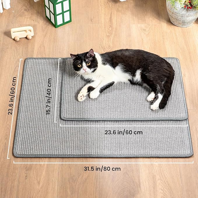 Cat Scratcher Mat,Natural Sisal Cat Scratch Pad with Hook&Loop Tape,Horizontal Floor Kitty Scratching Pads Rug for Indoor, Furniture Protector for Couch&Carpets&Sofas, Large, Grey, 2 Pack