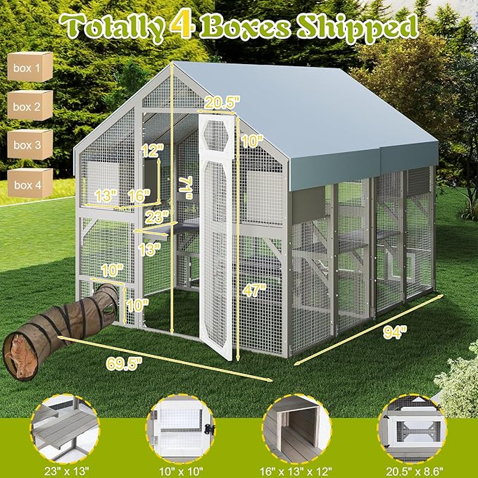 PetsCosset Large Cat Catio for Multiple Cats Outdoor Cat Patio Enclosures Wooden Walk in Cats House Outside Shelter Kitty Kennel Weatherproof Roof,Attached to House's Window Cat's Door and Tunnel