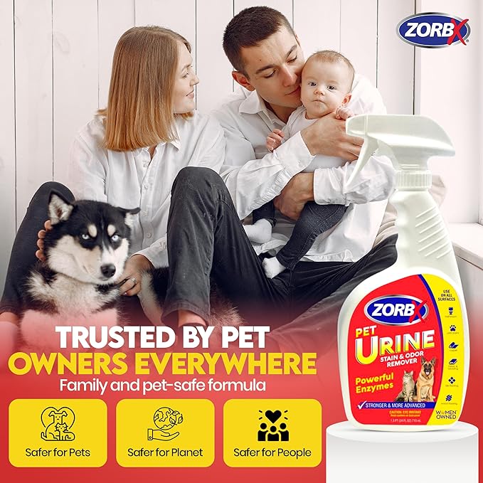 ZORBX Pet Urine Stain and Odor Remover Spray 24 FL Oz - Dog, Cat Urine Enzyme Odor Destroyer - Perfect Solution for Unpleasant Urine Odor and Stain Remover - Hardwood Floors & Carpet Cleaner