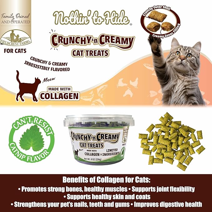 Fieldcrest Farms Nothin’ to Hide Collagen Cat Treats – Crunchy & Creamy Cat Snacks, High-Protein Healthy Treats for Skin, Coat & Joint Support, Catnip Flavor, 8 oz.