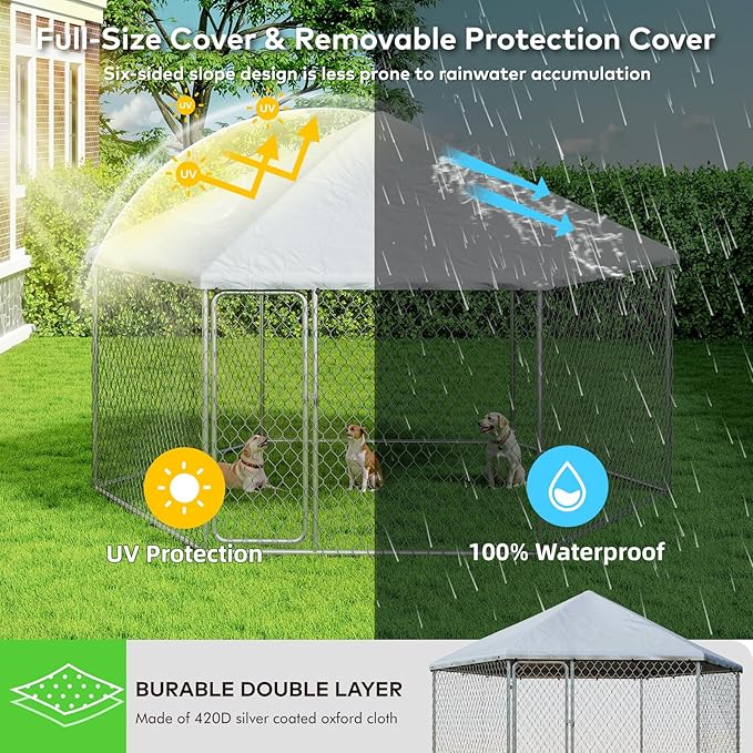 12.5x12.5 FT Large Outdoor Dog Kennel Outside with Heavy-Duty Steel Frame, Waterproof UV-Resistant Cover, Secure Lock, and Hexagonal Wire Fence