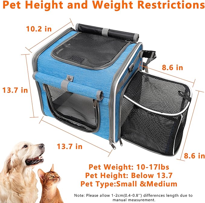 Dog Bike Basket, Expandable Soft Edge Pet Carrier Backpack, Foldable Dog Bicycle Carriers with 4 Mesh Windows, for Medium Cats&Dogs, Suitable for Cross Shaped, Shoulder and Car Seats (Blue)