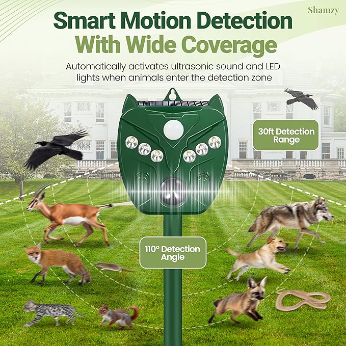 Shamzy Solar Ultrasonic Animal Repellent Outdoor, Cat Deterrent for Yard with 6 LED Flashing Lights & Motion Sensor That Repel Dogs, Deer, Fox, Raccoon, Skunk, Rabbit, Squirrel Deterrent Outdoor