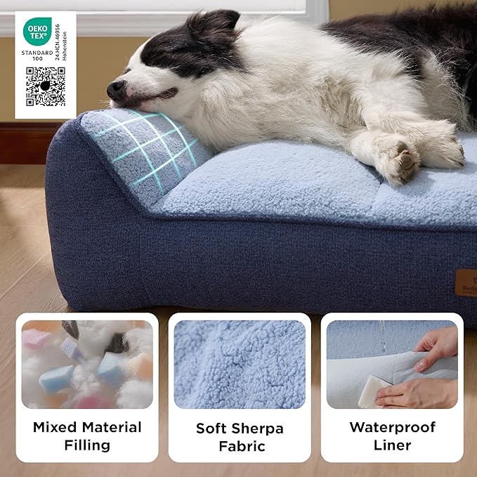 Bedsure SupportMax™ XL Pro Orthopedic Dog Beds Large Sized Dog - Extra Thick Supportive Dogs Couch with Waterproof Washable Cover, Extra Large Comfort Pet Sofa with Sherpa & Nonskid Bottom, Blue, 45"