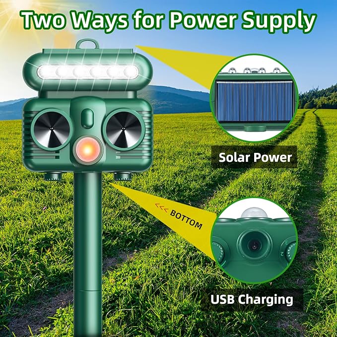 2 Pack Solar Cat Repellent Outdoor, Solar Ultrasonic Animal Repellent Outdoor with Motion Detection, Flashing Light Deer Deterrent Device to Repel Dog Squirrel Rabbit Raccoon Skunk for Yard Farm