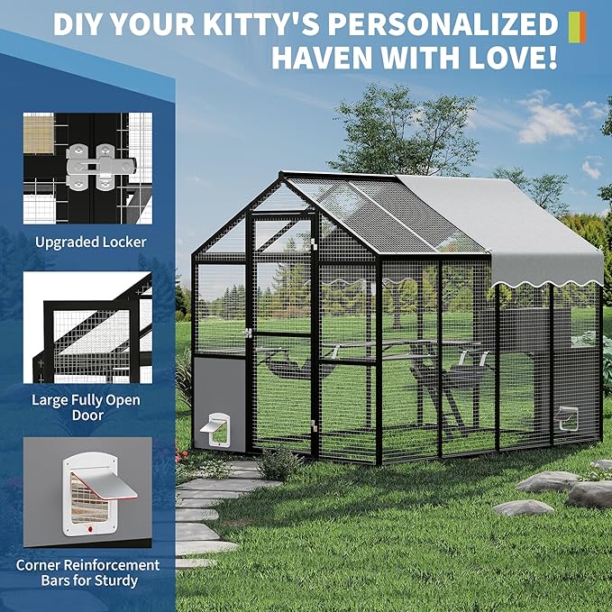 Large Outdoor Cat Enclosure for Multiple Cats - Weatherproof Catio with UV Cover, Platform & Side Door