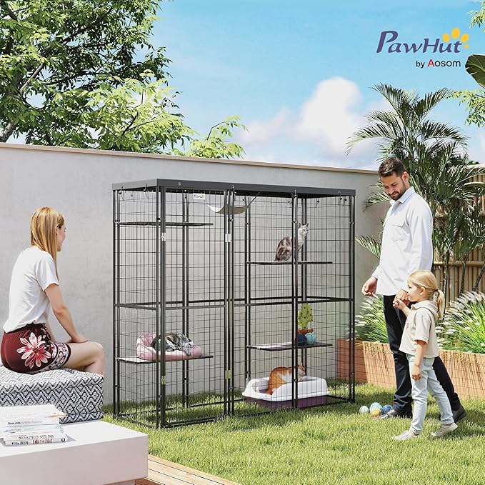 PawHut 4-Level 69" Large Catio Outdoor Indoor Weld Wire, Cat Enclosure with Waterproof Cover, 4 Jumping Platforms, Hammock, Cat Shelter for 1-3 Kittens, 69" x 22" x 62", Black