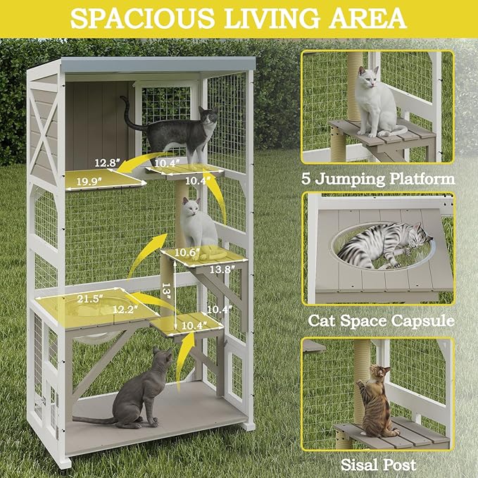 Catio Outdoor Cat Enclosure,Outdoor Cats House with 5 Platforms & Space Capsule,Wooden Cat Catio Cats Enclosure with Weatherproof Oxford Cloth Roof & 4 Wheels,Grey