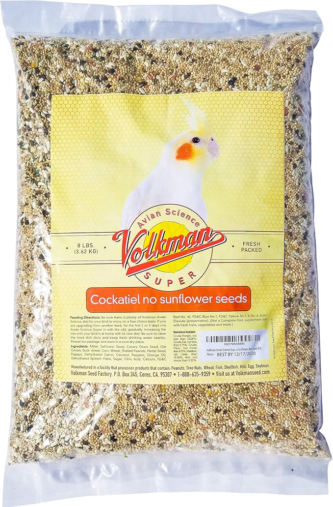 Volkman Avian Science Super Cockatiel No Sunflower Bird Food Daily Diet for Lovebirds Green Cheeked Conures Sun Conures, One 8lb Bag