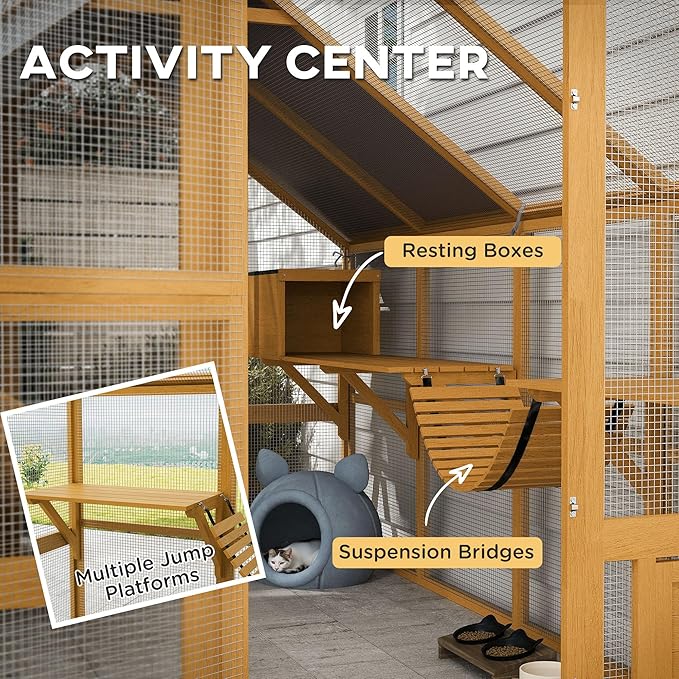 PawHut 110" L Large Catio Outdoor Cat Enclosure for Multiple Kittens, 56 sq.ft Wooden Cat House with Waterproof Cover, Walk in Kitty Cage Kennel with 2 Condos, 6 Platforms, Bridge, Doors, Yellow