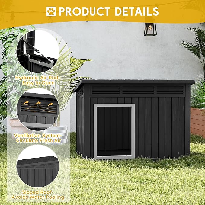 Fancyango Large Weatherproof Dog House with Removable Roof for Indoor & Outdoor Use - Spacious (42.8" L x 33" W x 31.5" H) Classic Black