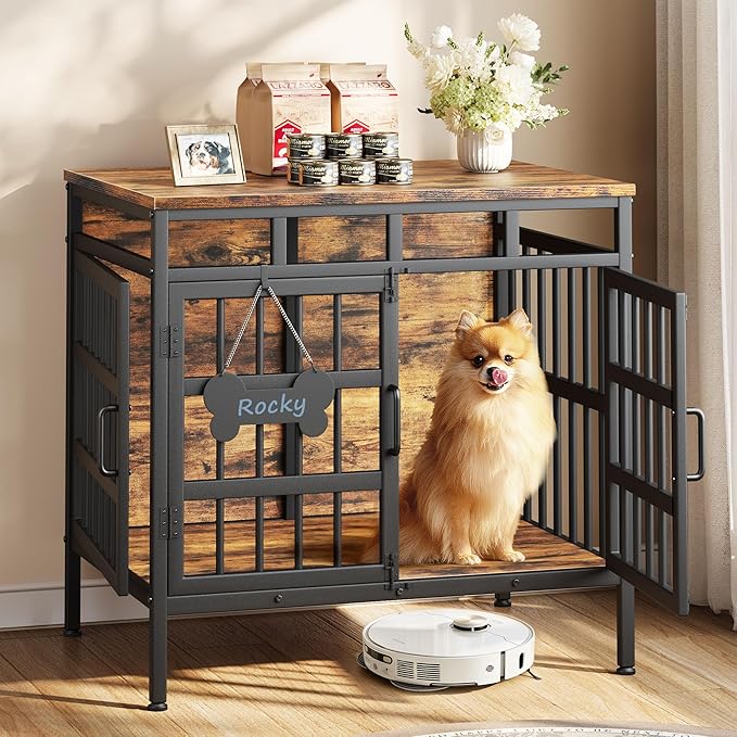 Dog Crate Furniture for Medium Dogs, Wooden Dog Kennel Furniture for Small Dogs, Double-Doors Sturdy Metal Dog Cage for Anxiety Dog, Anti Escape Wooden Cage with Name Tag End Table, TV Stand Brown