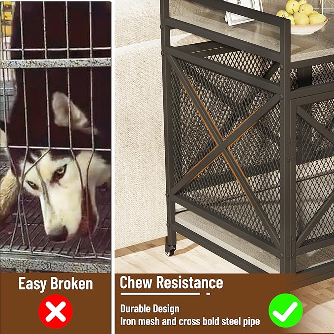 COZPAW 48 Inch Extra Large Furniture Dog Crate | Heavy Duty Wooden Indoor Dog Kennel with Caster Wheels | Decorative Pet House End Table |Light Grey