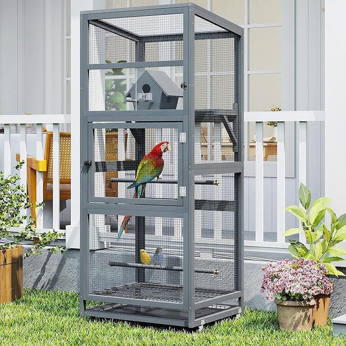 COZIWOW Large Bird Cage Wooden Outdoor Bird Aviary,Indoor Parakeet Cage on Wheels,Parrot Cage with Perch,Nest House,Removable Wire Netting Slide Pull Out Tray for Small Medium Finches
