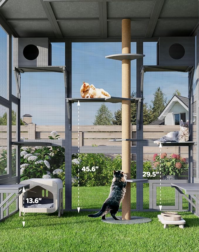Catio Outdoor Cat Enclosure Window, Large Walk-in Window Catio with Cat House, Multi-Level Platform, Scratching Post and Waterproof Cover, Outdoor Kitty Cage for Multiple Cats, Grey