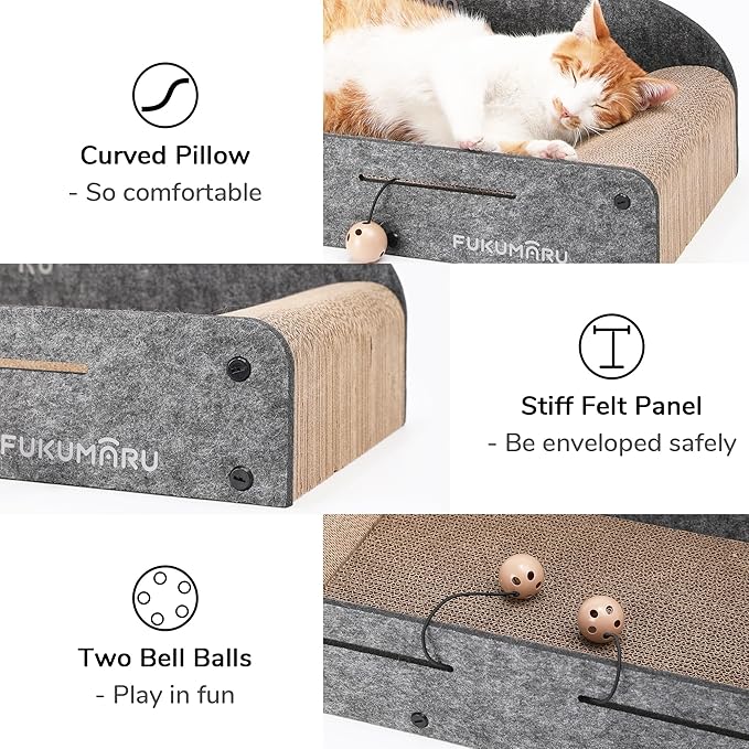 FUKUMARU 26 Inch Cat Scratcher Bed, 2 Reversible Cardboard Cat Scratch Pads Refill for Indoor Cats, Durable Large Cats Scratching Bed Sofa Couch Lounger with Fun Toys, Furniture Protector, Grey