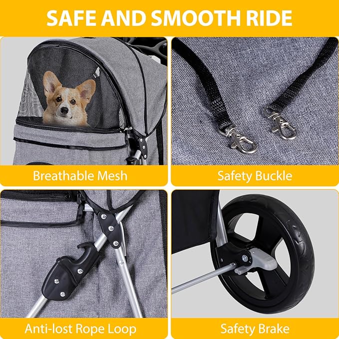 Pet Stroller 4 Wheels Dog Cat Stroller for Small Medium Dog Cats Carrier Jogger Travel Foldable Puppy with Storage Basket and Cup Holder (Grey)